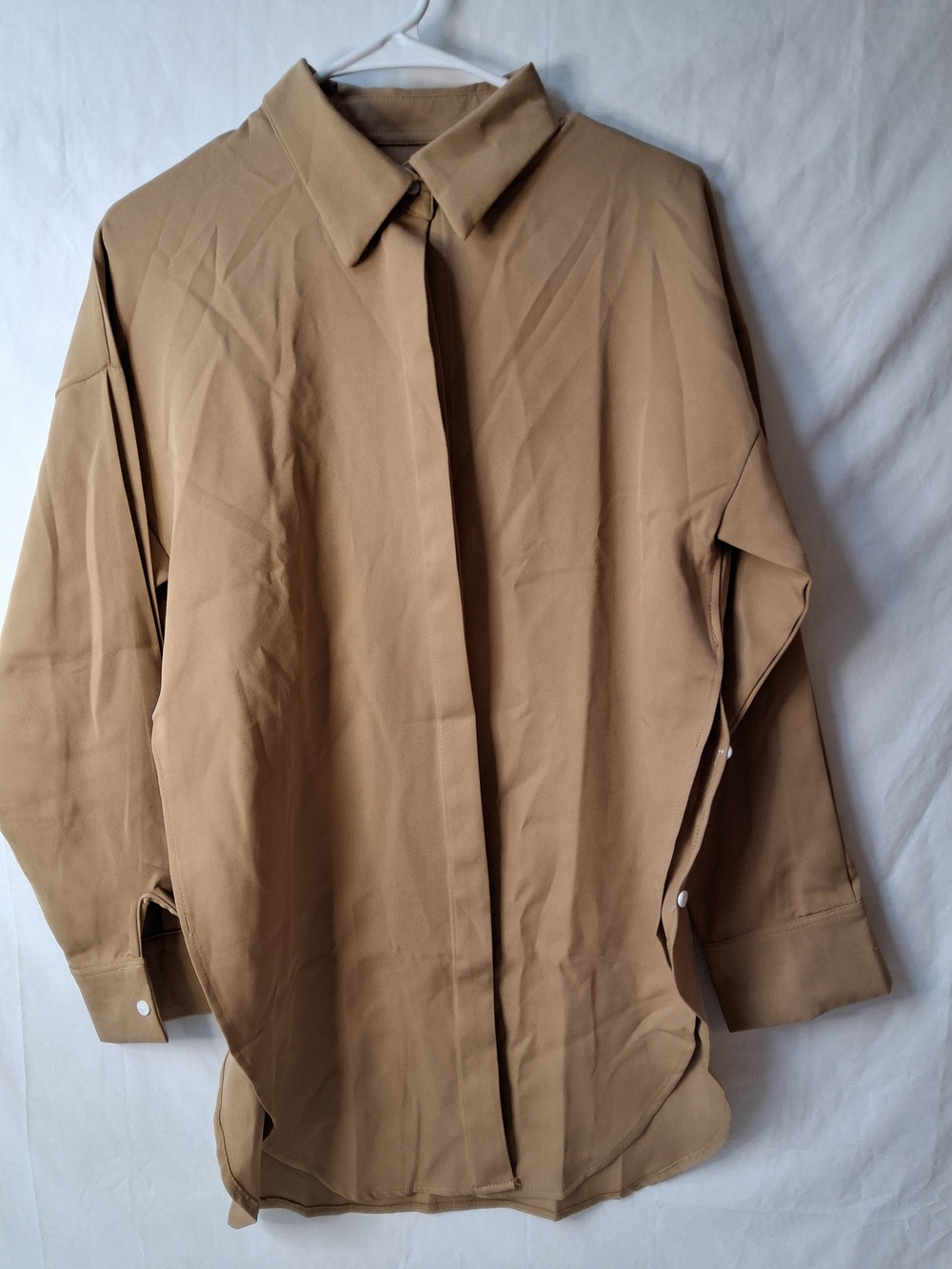 Warm Camel-Tan Relaxed Button-Down Long Shirt With‎ Side Buttons